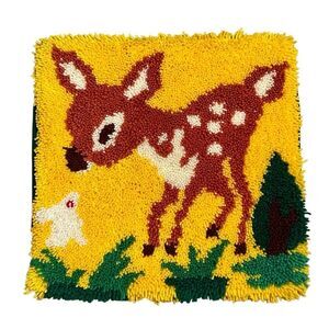 70s Bambi Latch Yarn Hook Pillow Deer Accent Pillow Yellow Brown Tapestry 16x16